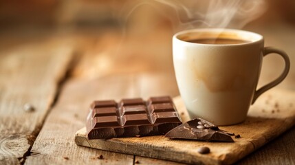 Coffee placed next to a piece of rich dark chocolate