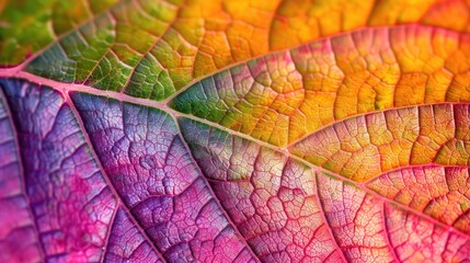 Obraz premium Close-up of a colorful autumn leaf with visible veins.