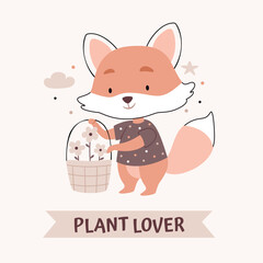 The fox is watering the flowers. Text. Plant Lover. Cute cartoon Bohemian scandinavian nursery posters in beige and gray colors. Boho vector print