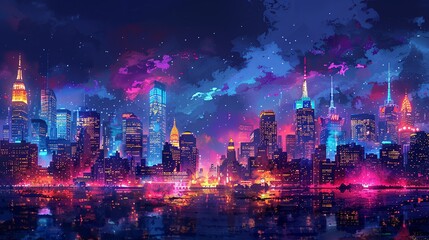 Fototapeta premium Panoramic view of a bustling city at night, with glowing, colorful lights reflecting off sleek skyscrapers and creating a dynamic, vibrant urban landscape. Watercolor style, high resolution