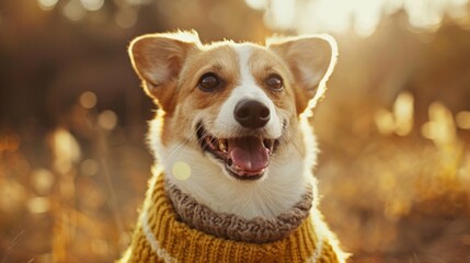 Happy Corgi Wearing A Yellow Knit Sweater In The Fall
