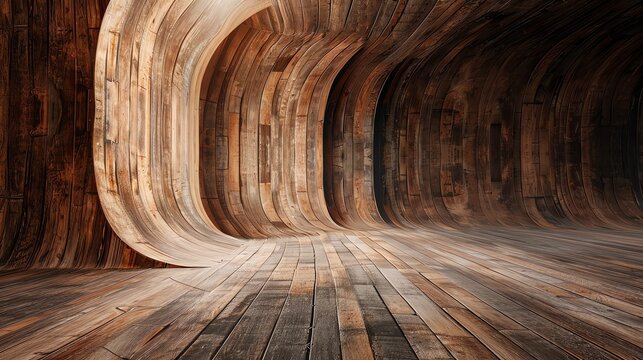 This is a 3D rendering of a wooden room. The walls and floor are made of curved wooden planks.
