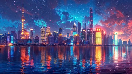 Fototapeta premium The city's vibrant, neon-lit skyline at night, shimmering with radiant lights and bustling activity, creating a lively, energetic atmosphere that feels both majestic and futuristic. Watercolor style,