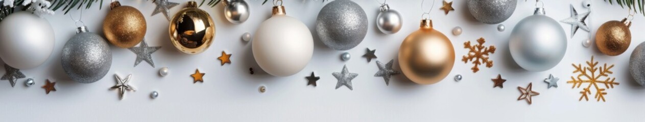 Silver and Gold Christmas Ornaments on White Background