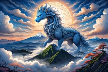 mythological blue dragon horse in the sky