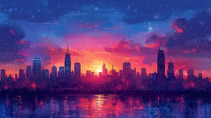 Obraz premium The radiant cityscape at night, illuminated by dazzling, neon-lit buildings and a twinkling skyline, creating a dynamic and vibrant atmosphere that feels both enchanting and futuristic. Watercolor