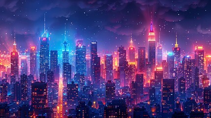 Fototapeta premium The radiant cityscape at night, illuminated by dazzling, neon-lit buildings and a twinkling skyline, creating a dynamic and vibrant atmosphere that feels both enchanting and futuristic. Watercolor