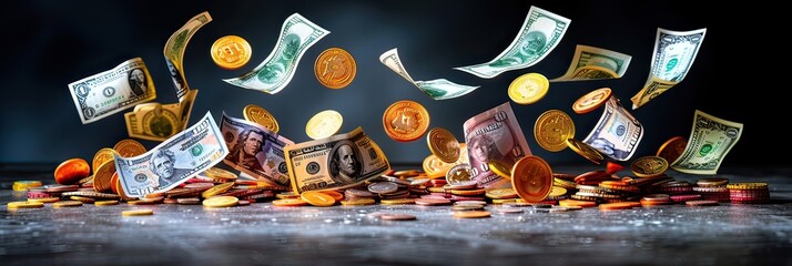 A large amount of money and coins is cascading down onto a table