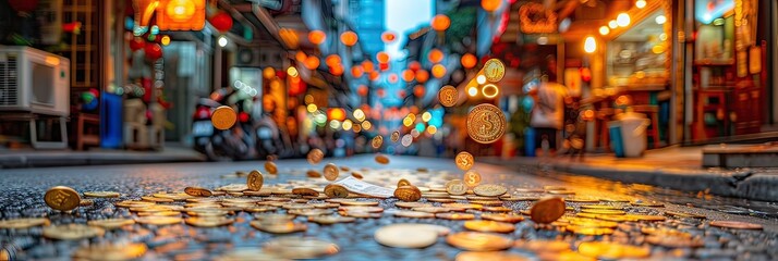 Naklejka premium Golden coins are cascading down the streets of the city