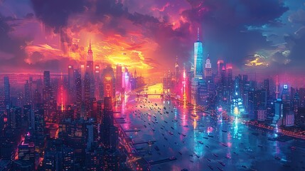 Fototapeta premium Panoramic view of a bustling city at night, with glowing, colorful lights reflecting off sleek skyscrapers and creating a dynamic, vibrant urban landscape. Watercolor style, high resolution