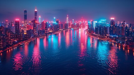 Fototapeta premium The radiant cityscape at night, illuminated by dazzling, neon-lit buildings and a twinkling skyline, creating a dynamic and vibrant atmosphere that feels both enchanting and futuristic. Watercolor