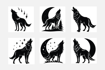 Versatile Set of Wolf Silhouette Illustrations for Digital and Print
