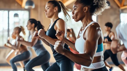 Diverse group of women in sportswear doing cardio workout in a fitness studio. They are all running in place and have their arms in the air.