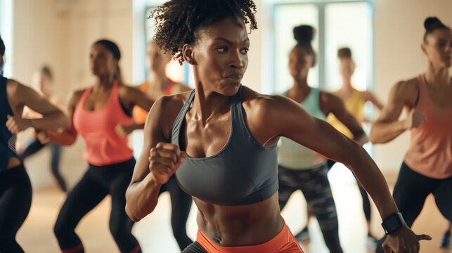 A group of women are working out in a dance fitness class. They are all wearing sportswear and are moving to the beat of the music.