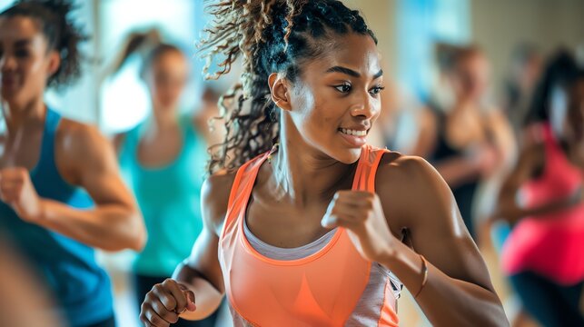 A young woman with curly hair is dancing in a group of people. She is smiling and has her eyes closed.