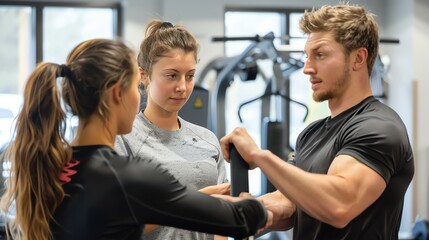 Obraz premium Personal trainer helping two women with their workout routine at the gym.