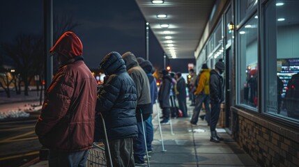 Black Friday Shoppers Lining Up Before Dawn in Winter Clothing Outside a Store