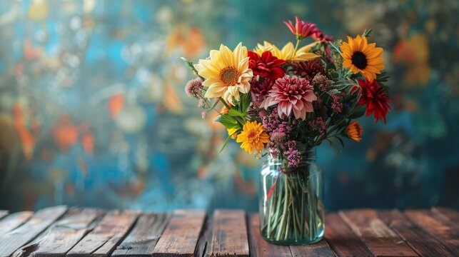 A bouquet of chrysanthemums, dahlias, and sunflowers in a rustic mason jar, set on a wooden table - Powered by Adobe