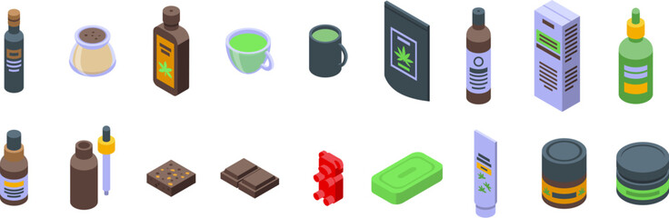 Hemp cannabinoid extract icons set. Different forms of cannabis products illustrating the wide variety of marijuana infused items available legally