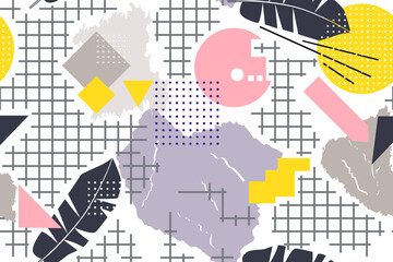 Seamless botanical geometric pattern. Modern collage of geometric shapes, banana leaf designs, various shapes, checkered mesh. Hand drawn. Vector illustration on white background