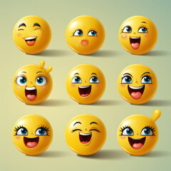 Collection of cute and funny smiling yellow emoticons with various happy facial expressions isolated on a pastel green background