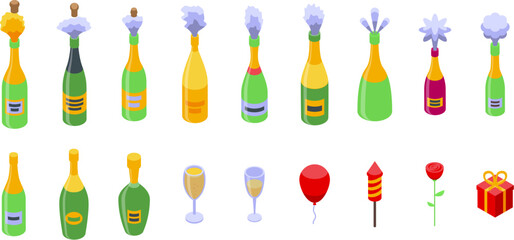 Champagne explosion icons set. Set of champagne bottles with popping corks, glasses, balloons, fireworks, roses and gift for celebration design