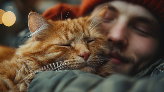 Ginger Cat Napping Peacefully, Snuggling with Owner, Close-up Portrait of closed eyes Man and Pet