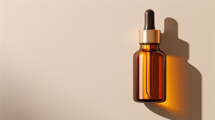 Glass dropper bottle with amber tint, casting golden shadow on beige, minimalist flat design illustration, with copy space, high-resolution photo, realistic photo, hyper realistic