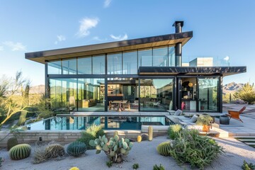 Modern Desert Home with Large Glass Windows and Outdoor Pool - Perfect for Harsh Climate Design