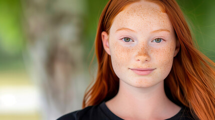 Fototapeta premium Young girl with freckles portrait. Vibrant red hair shines in natural light reflecting youth and innocence. Captivating close-up focuses on her charming features