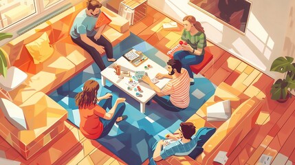 Top view illustration of friends sitting on the floor in the living room and playing board games together. They are all smiling and having fun.