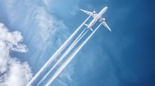 An acrobatic airplane executing a dramatic loop against a bright blue sky, smoke trails forming intricate patterns, perfect synchronization and high-speed maneuvering - Powered by Adobe