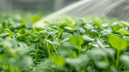 Obraz premium Close-up of vibrant microgreens in a greenhouse, spray nozzle misting water over the leaves, creating a refreshing atmosphere, with copy space, high-resolution photo, realistic photo, hyper realistic