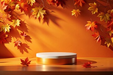 Podium with autumn leaves on a warm orange background with dynamic shadows