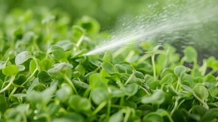 Close-up of vibrant microgreens in a greenhouse, spray nozzle misting water over the leaves, creating a refreshing atmosphere, with copy space, high-resolution photo, realistic photo, hyper realistic