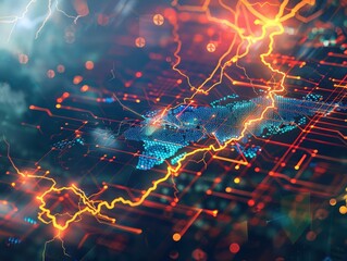 Lightning streaks highlighting global financial data flow on an abstract tech backdrop.