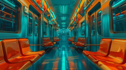 Interior of a modern train with orange seats.