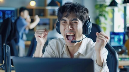 Obraz premium Call center, male, thrilled at laptop for CRM bonus and coworking agency promotion. Asian salesmen toast online deal, telemarketing profit with fist.