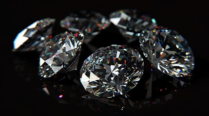 A stunningly beautiful image of a handful of diamonds on a black background. The diamonds are perfectly cut and reflect the light beautifully.