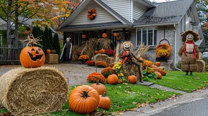 A front yard with a display of hay bales, pumpkins, and a scarecrow
