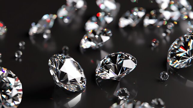 A pile of diamonds on a black background. The diamonds are of various sizes and shapes, and they are all sparkling in the light.