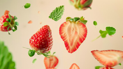 strawberry with half slices falling or floating