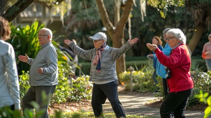 A group of senior citizens are doing tai chi in a park. They are all wearing comfortable clothes and are enjoying the outdoors.