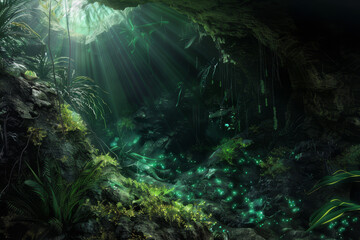 A subterranean ecosystem, possibly inspired by deep caves or hypothetical life forms that could exist in extreme conditions beneath the Earth's surface - Generative AI