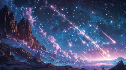 Digital artwork of a cosmic ray shower, high-energy particles from space colliding with Earth's atmosphere and producing cascades of secondary particles. Watercolor style, high resolution