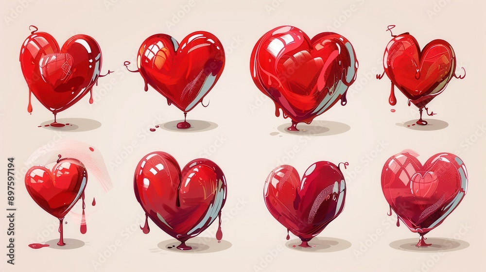 Poster eight red hearts in different poses, with glossy finishes and drips of red liquid. generative ai