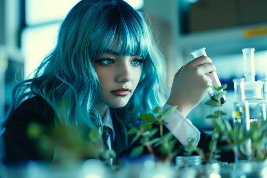 Schoolgirl Conducting Biology Experiment with Plant Samples in School Laboratory Setting