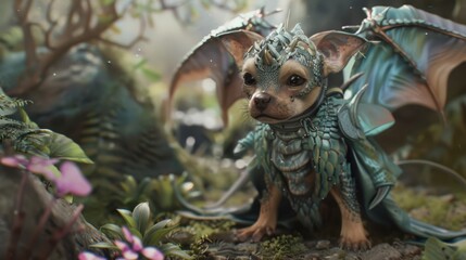 Playful Puppy in Dragon Costume 3D Rendering - Close-up of Pet with Scales and Wings in Enchanted Garden