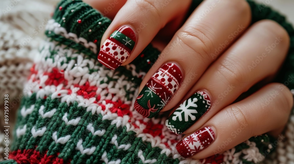 Wall mural festive holiday sweater nail art design for winter season with red, white, and green patterns