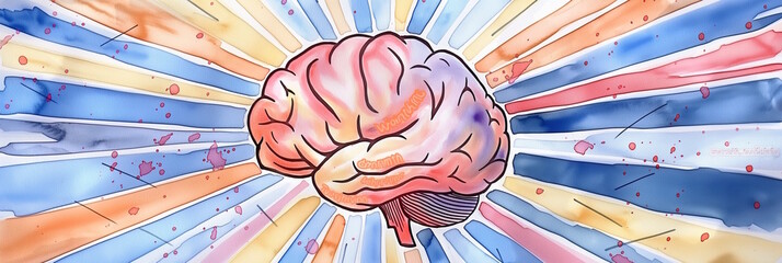 A watercolor brain with rays of colors representing positivity and energy, concept for mental health and vitality, applicable for World Mental Health Day